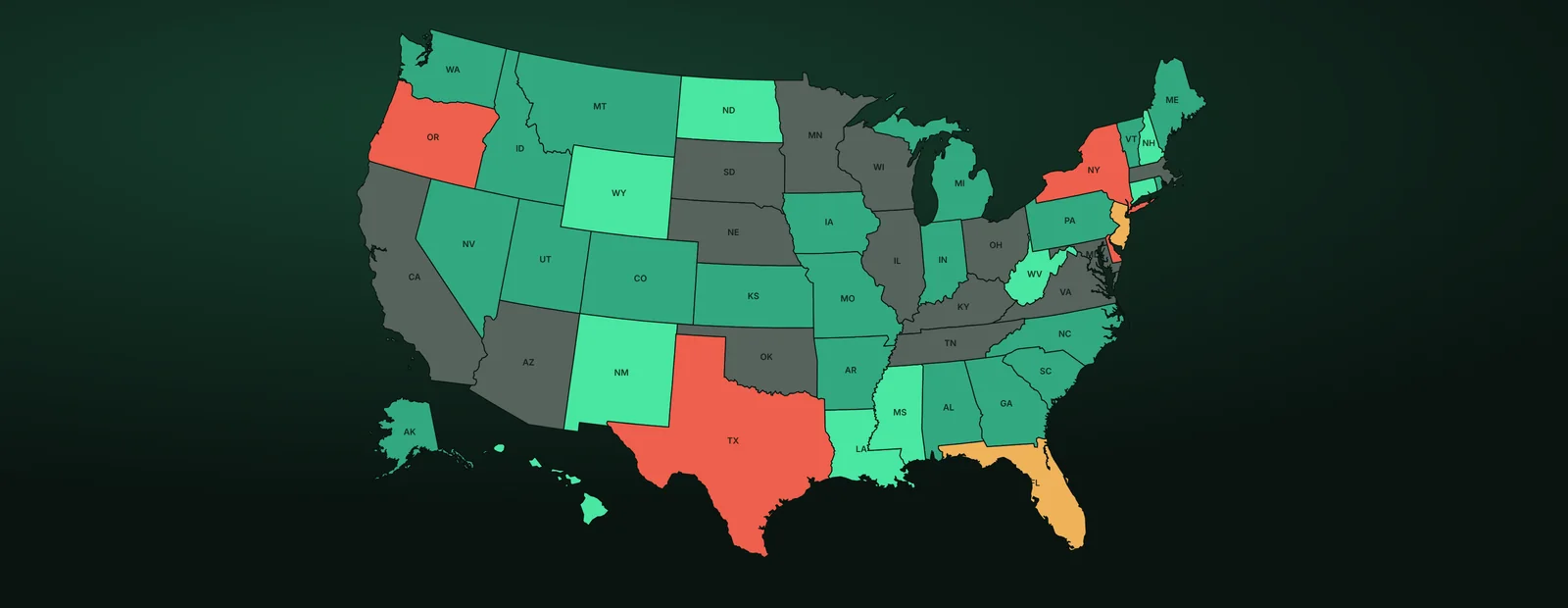 Map of the United States with each state colored by how strictly it regulates data centers